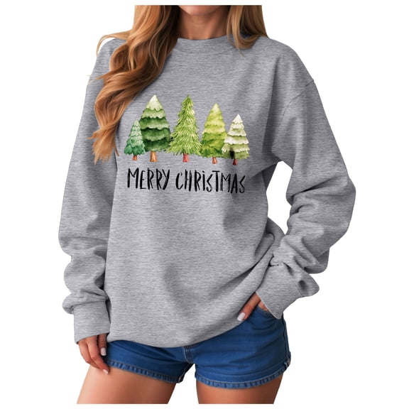 Jkety Christmas Tops for Women Christmas Sweatshirt Women Funny Merry Christmas Lights Sweatshirt Castle Graphic Xmas Lightweight Pullover Tops Grey,S