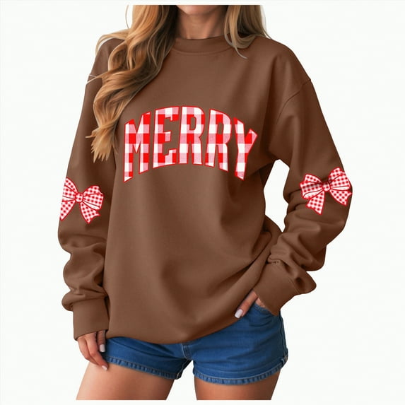 Jkety Christmas Vibes Sweatshirt Christmas Tree Sweatshirt Shirts for Women Xmas Splicing Long Sleeve Pullover Shirt Top Brown,3XL