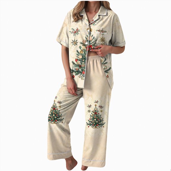 Jkety Christmas Womens Pajamas 4 Piece Satin Pjs Soft Button Down Sleepwear Wide Leg Long Pants with Pockets Silk Christmas Pajamas for Women(Beige,XL)