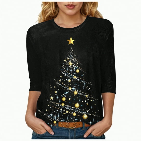 Jkety Christmas Womens Shirt Merry Christmas 3/4 Sleeve Shirt Funny Xmas Buffalo Plaid Letter Printed Tree Graphic Tee Winter Holiday Top(Black,M)