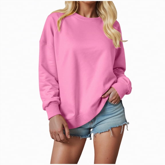 Jkety Crewneck Sweatshirt Women Long Sleeve Shirts for Women Crew Neck Fashion Casual Pullover Ladies Tops Clothes Pink,L