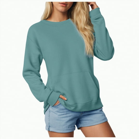 Jkety Crewneck Sweatshirts Women Women's Long-Sleeve Crew-Neck Cotton T-Shirt Classic-Fit Shirt Soft Breathable Casual Tee Basic Tops Blue,L