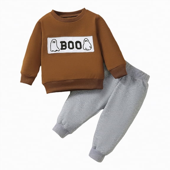 Jkety Cute Baby Boy Outfits Infant Toddler Baby Boy Halloween Outfits Long Sleeve Shirts Pumpkin Sweatshirt with Pants 2Pcs Winter Clothes(Brown,6-12 Months)