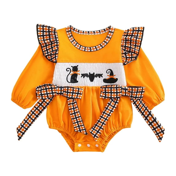 Jkety Cute Baby Girl Clothes Baby Girl Smocked Thanksgiving Outfit Plaid Bubble Romper Embroidery Turkey Fall Clothes(Orange,6-9 Months)