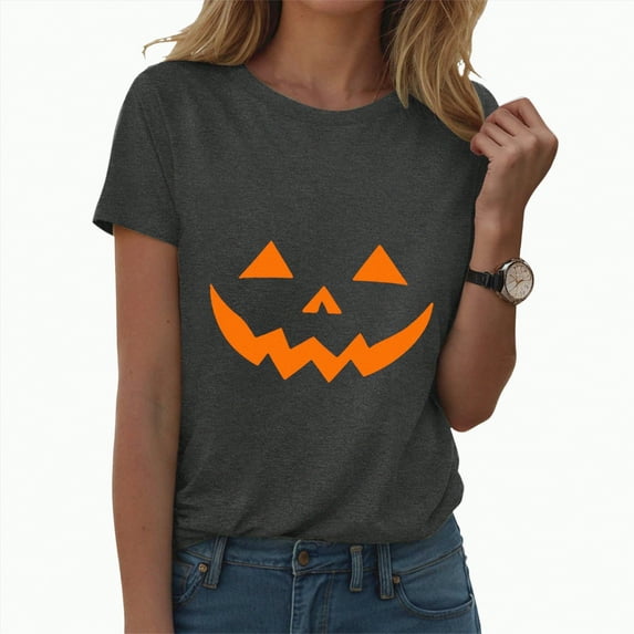 Jkety Dressy Tops for Women Basic Witch Halloween T Shirt Women Vintage Graphic Coffee Tees Shirt Short Sleeve Casual Funny Halloween Party Shirts(Grey,L)
