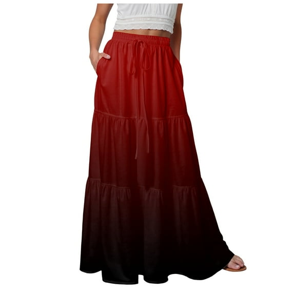 Jkety Elastic Waist A-Line Long Maxi Skirt Below Knee for Women Midi Skirts for Women Red,M