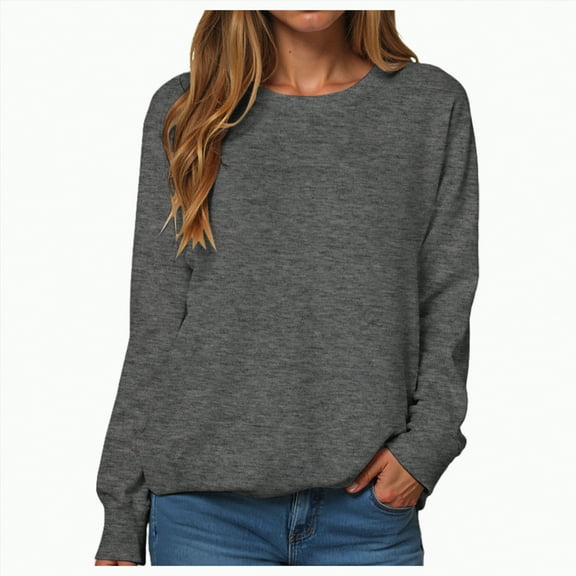 Jkety Fall Shirts for Women Womens Long Sleeve Crewneck Shirts Fall Winter Casual Work Tops Women Blouses Trendy Basic Outfits Dark Gray,3XL