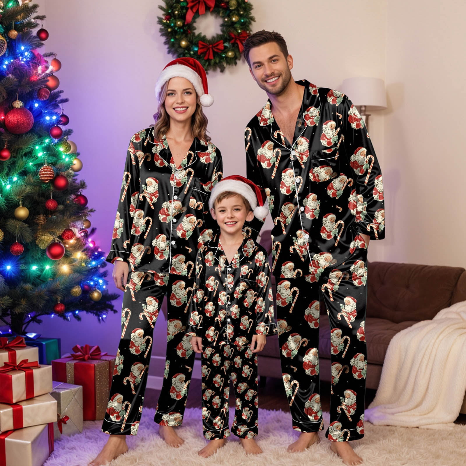 Jkety Family Christmas Pajamas Matching Sets Silk Satin Button Up Long ...