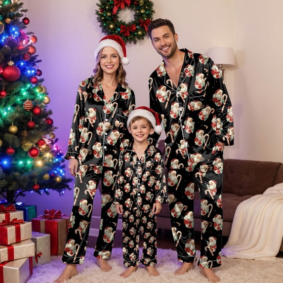 Jkety Family Christmas Pajamas Matching Sets Silk Satin Button Up Long ...
