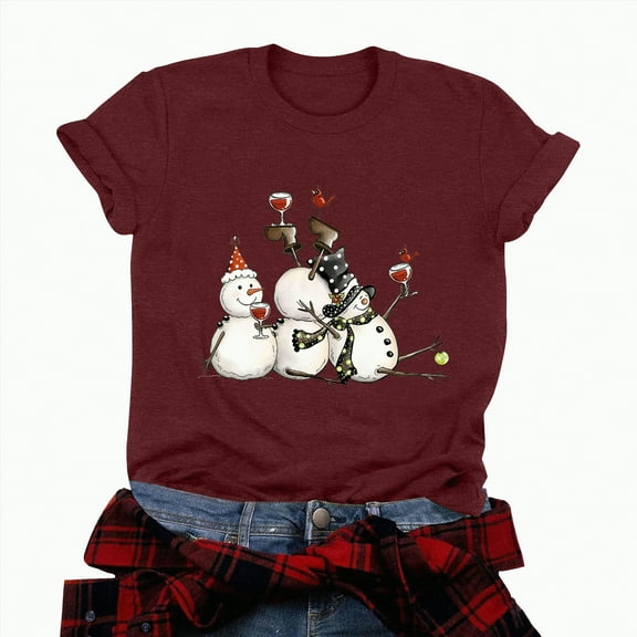 Jkety Funny Christmas Shirt Womens Short Sleeve Merry Christmas T-Shirts Christmas Tree Bright Graphic Tee Tops Wine,M
