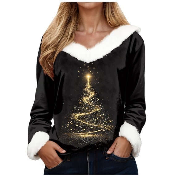 Jkety Sweater Women Women's Christmas Tree Print Long Sleeve Pullover Sweater with Collar Festive Holiday Top Gold,2XL