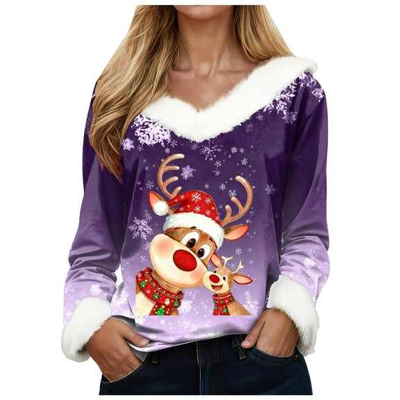 Jkety Sweater Women Womens Christmas Tops,Christmas Sweater for Women Sexy Faux Trim Tunics Asymmetrical Pullover Purple,3XL