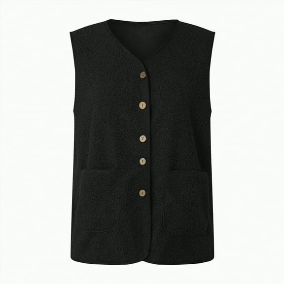 Jkety Fuzzy Vest Womens Fleece Vests, Sleeveless Warm Buttons Lightweight Winter Coats Outerwear Black,M