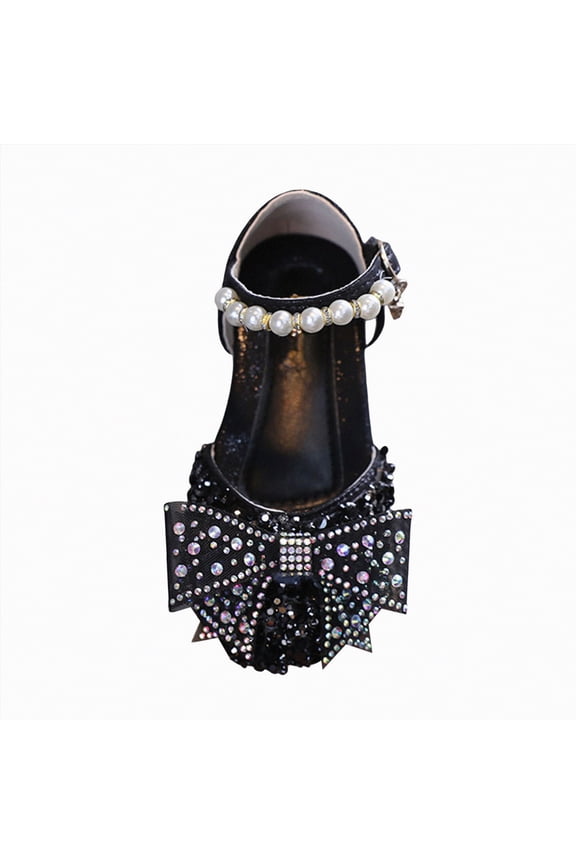 Girl's Bow Mary Jane Dress Shoes Ballet Princess Flats with Rhinestone Strap for Party Wedding School, Toddler/Little Kid/Big Girl Flower Girl Dress(Black,8)