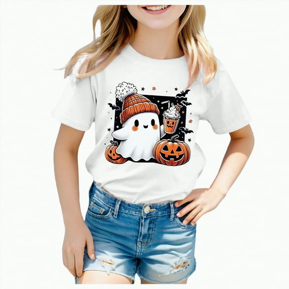 Jkety Girl's Short Sleeve T-Shirt Summer Fall Casual Cute Holiday Graphic Tees Tops T Shirts for Girls(White,3-4 Years)