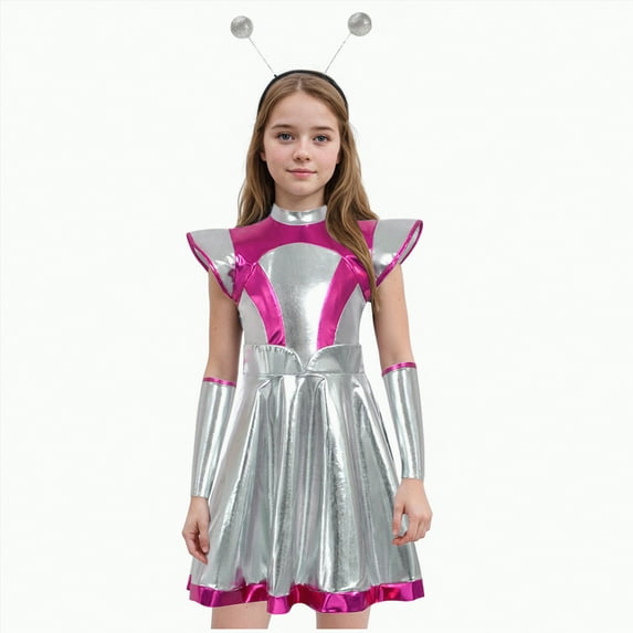 Jkety Girls Halloween Costume Girl Alien Costume Shiny Metallic Dress Outfit Outer Space Costume Halloween Dress Up Outfit Purple,4-5 Years