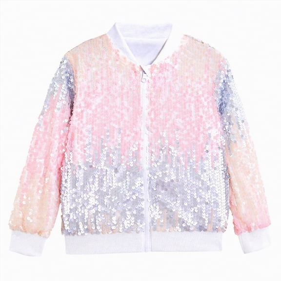 Jkety Girls Lightweight Jacket Kids Girls Sparkly Sequin Baseball Jacket Coat Long Sleeve Zip Up Outerwear Dancing Party Pink,10-12 Years