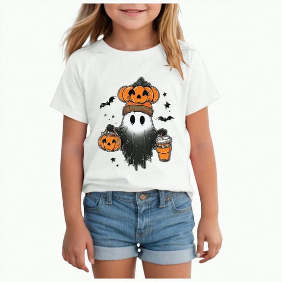 Jkety Girls' Tops, Tees & Blouses Toddler Boys Girls Halloween Shirt Skeleton Ghost T-Shirts Boo Tees Spooky Tops Short Sleeve(White,7-8 Years)