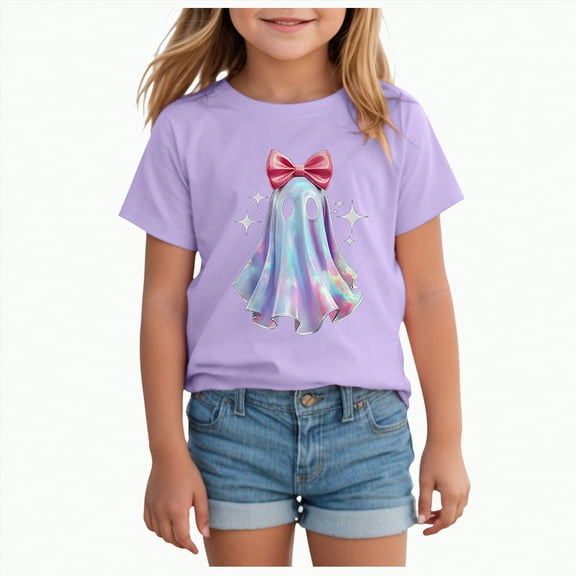 Jkety Girls' Tops, Tees & Blouses Toddler Girls Halloween Shirt Cute Ghost Boots Tshirt Kids Outfits Short Sleeve Tees Tops(Purple,6-7 Years)