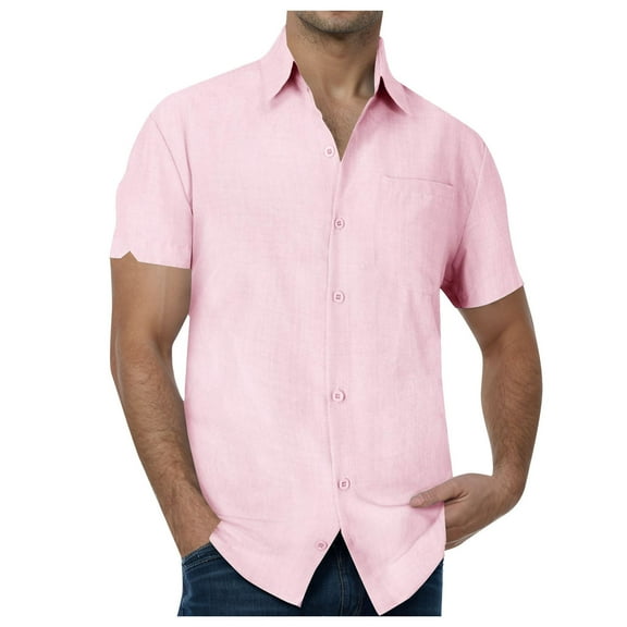 Jkety Gym Shirts Men Men's Summer Short Sleeve Button Down Shirts Pink,M