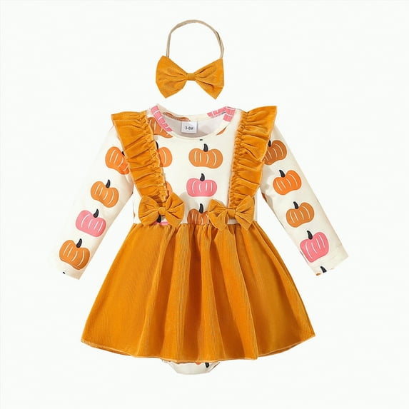 Jkety Halloween Clothes Toddler Girl Kids Toddler Baby Girl Halloween Outfit Puff Sleeve Pumpkin Embroidery Plaid Smocked Dress Infant Fall Party Dress(Yellow,3-6 Months)