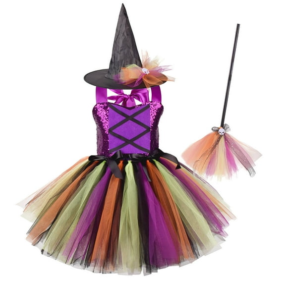 Jkety Halloween Costumes for Girls Glitter Witch Halloween Fancy-Dress Costume for Child, Big Girls Multicolour,11-12 Years