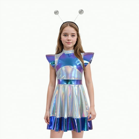 Jkety Halloween Dresses for Girls Kids Girls Shiny Alien Costume Sleeveless Space Man Dance Dress Halloween Party Performance White,7-8 Years