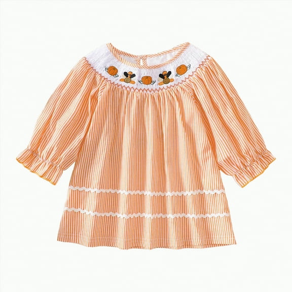 Jkety Halloween Infant Clothes Toddler Baby Girl Pumpkin Printed Tutu Dress Long Sleeve Striped Skirt Outfits Clothes with Headband(Orange,6-12 Months)