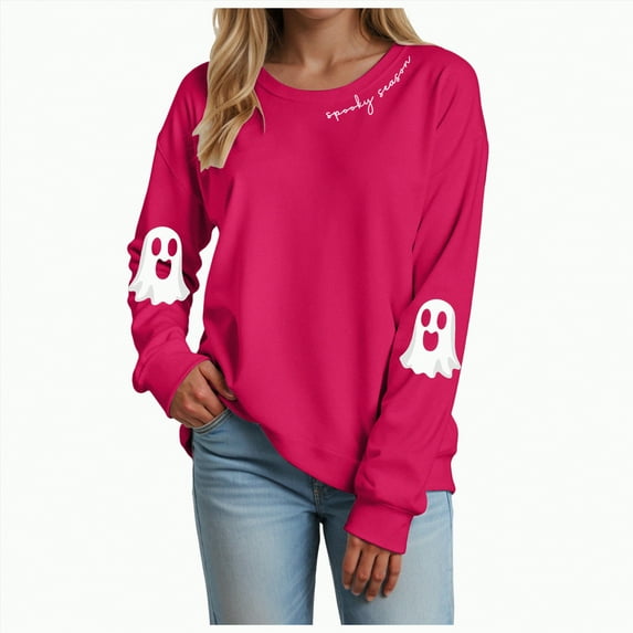 Jkety Halloween Shirt Women Halloween Sweatshirts for Women Ghost Pumpkin Long Sleeve Shirt Graphic Tees Fall Pullover Tops(Red,M)