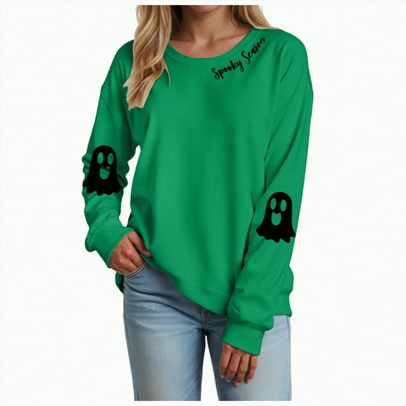Jkety Halloween Shirts for Women Halloween Sweatshirts for Women Ghost Pumpkin Long Sleeve Shirt Graphic Tees Fall Pullover Tops(Green,XL)