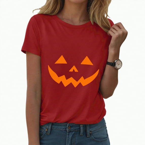 Jkety Halloween Shirts for Women Leopard Pumpkin Shirts Cute Fall Short Sleeve Graphic Tee Tops T-Shirts for Women(Red,3XL)