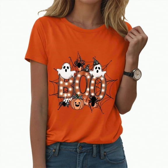 Jkety Halloween Squad Shirt Women Novelty Horror Movies T-Shirt Halloween Scary Graphic Short Sleeve Top Summer Tops(Orange,S)