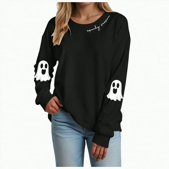 Jkety Halloween Tshirts Women T Shirts for Women Casual Western Graphic Pullover Tops Hoodies Tees Cowgirls Country Outfits(Black,S)