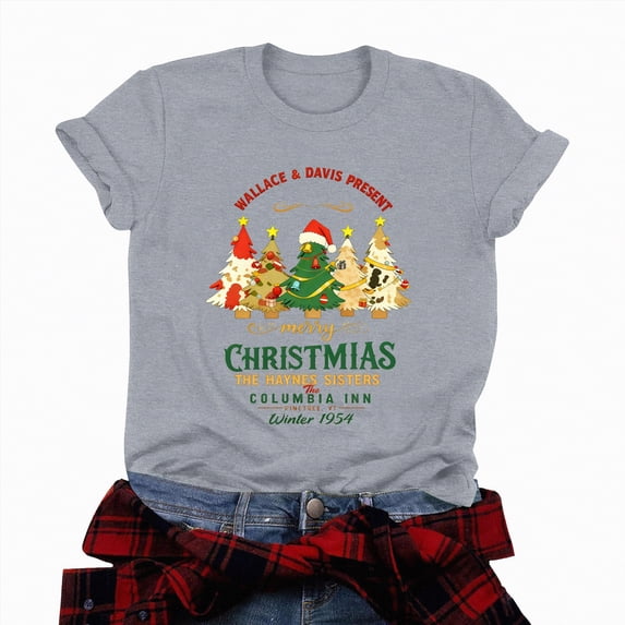 Jkety Holiday Shirts for Women Christmas Shirts for Women Christmas Tree Graphic Tee Christmas Lights Tshirt Xmas Holiday Party Family Tops Grey,S