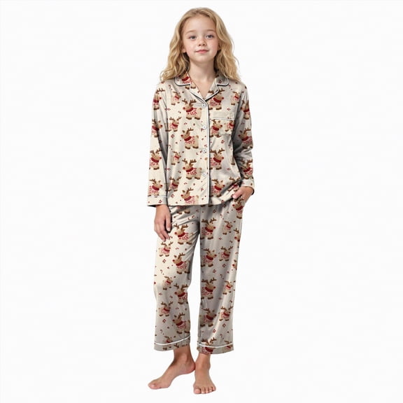 Jkety K'ids T`oddler G`irl Satin Pajamas Fuzzy Trim Long Sleeve Button Down Shirt Top and Pants 2pcs Pjs Sets Sleepwear(Beige,3-4 Years)