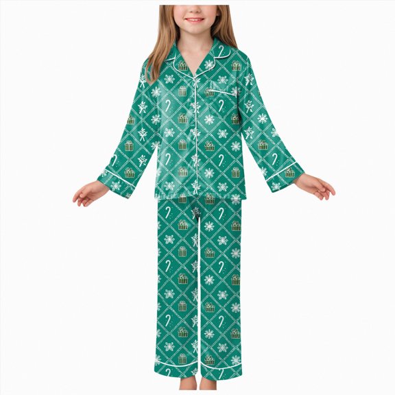 Jkety K'ids T`oddler G`irl Satin Pajamas Fuzzy Trim Long Sleeve Button Down Shirt Top and Pants 2pcs Pjs Sets Sleepwear(Green,5-6 Years)