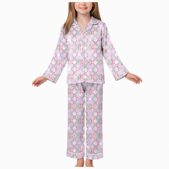 Jkety K'ids T`oddler G`irl Satin Pajamas Fuzzy Trim Long Sleeve Button Down Shirt Top and Pants 2pcs Pjs Sets Sleepwear(Light Purple,13-14 Years)