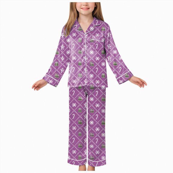 Jkety K'ids T`oddler G`irl Satin Pajamas Fuzzy Trim Long Sleeve Button Down Shirt Top and Pants 2pcs Pjs Sets Sleepwear(Purple,13-14 Years)