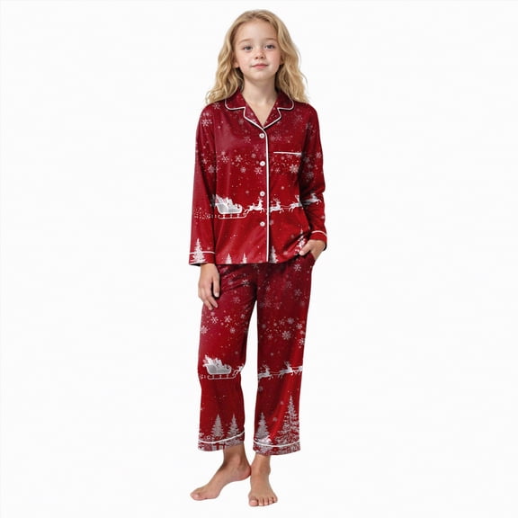 Jkety K'ids T`oddler G`irl Satin Pajamas Fuzzy Trim Long Sleeve Button Down Shirt Top and Pants 2pcs Pjs Sets Sleepwear(Red,7-8 Years)
