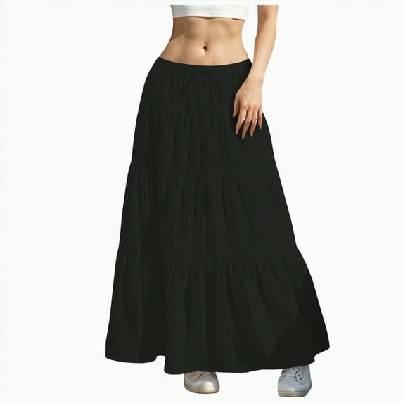 Jkety Linen Maxi Skirt Womens Causal High Waisted Summer Midi Skirts Flowy A-Line Long Skirt with Pockets(Black,L)