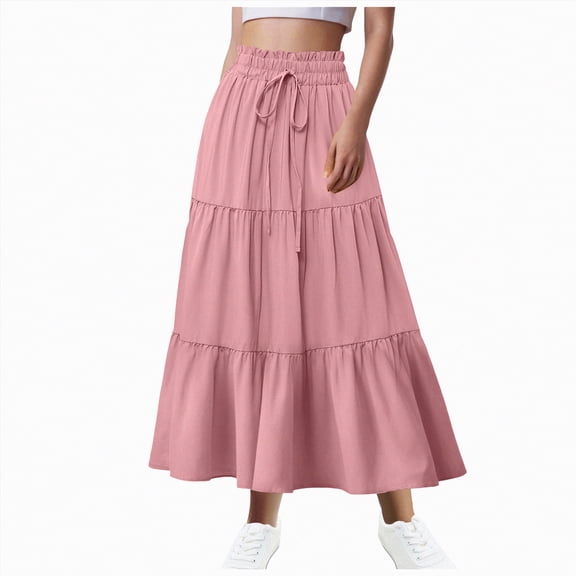 Jkety Linen Maxi Skirt Womens Causal High Waisted Summer Midi Skirts Flowy A-Line Long Skirt with Pockets(Red,XL)