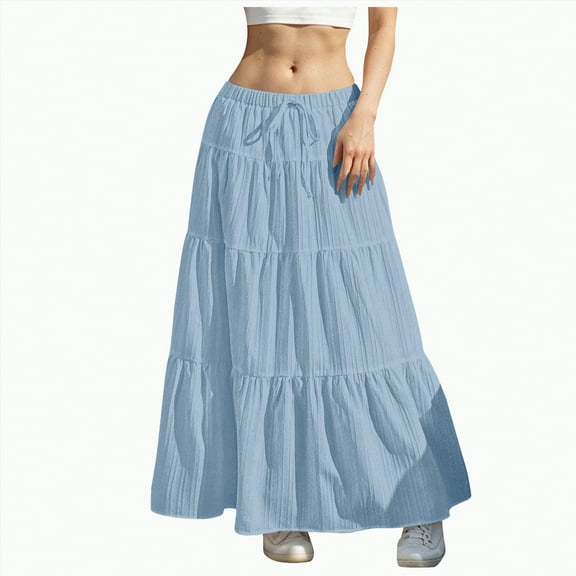 Jkety Linen Skirts for Women Casual Long Skirt for Women Cotton Eyelet Beach Maxi Skirt with Underneath(Blue,2XL)