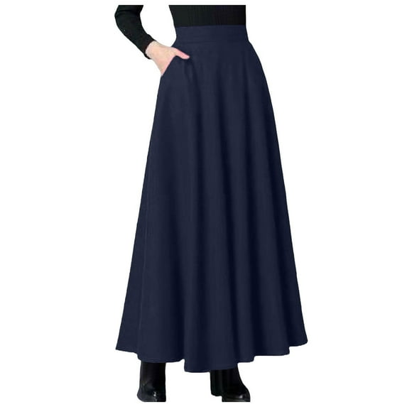 Jkety Women’s Boho Elastic High Waist Pleated A-Line Flowy Swing Asymmetric Tiered Maxi Long Skirt Dress with Pockets Boho Skirt Navy,XL