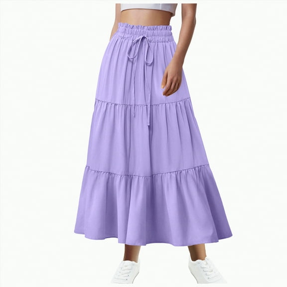 Jkety Long Skirts for Women Summer Womens Boho Maxi Skirt Elastic High Waist Pleated Ruffle Flowy Long Skirts(Purple,2XL)