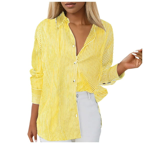 Jkety Long Sleeve Button Up Shirts for Women Womens Button Down Shirts Cotton Striped Dress Shirt Long Sleeve Collared Office Work Pinstripes Blouses Tops Yellow,M