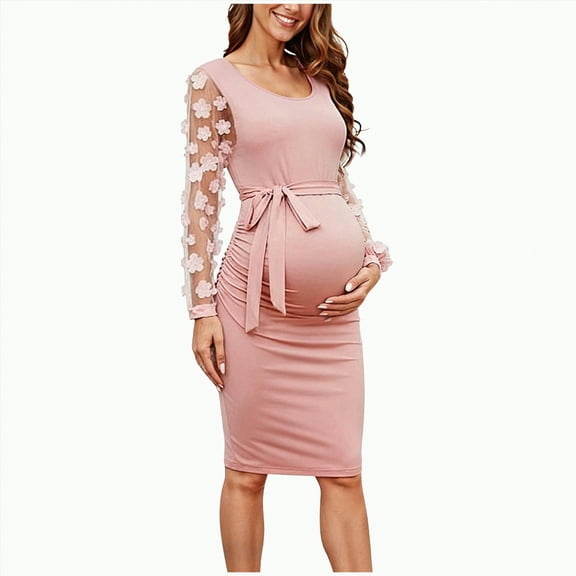 Jkety Long Sleeve Maternity Dress Fall Maternity Maxi Dress Long Sleeve Wrap V Neck Baby Shower Pregnancy Dresses for Photoshoot Maternity Clothes Pink,XL