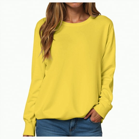 Jkety Long Sleeve Tops for Women Women' Long Sleeve Shirts Tops Casual Loose Fit Crew Neck Basic Tee Fashionable Workout Layer Fall Outfit Yellow,2XL
