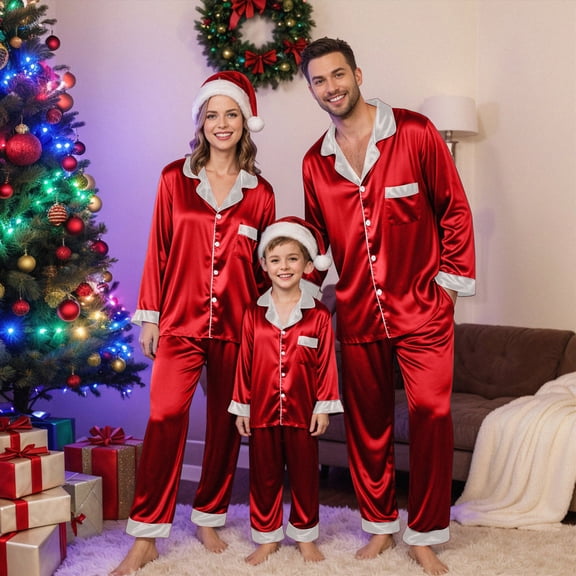 Jkety Matching Pajamas Matching Family Christmas Pajamas Set, Silk Satin Long Sleeve Button Down Comfy Loungewear for Couples, Men, Women