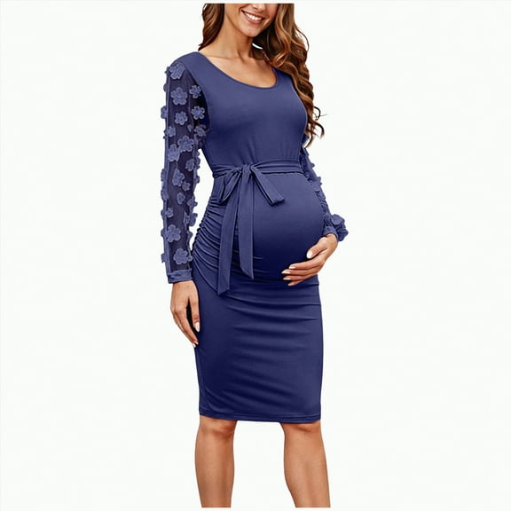 Jkety Maternity Dress Fall Floral Mesh Bishop Long Sleeve Maternity Midi Dress, Fall Maternity Bodycon Dress for Baby Shower Navy,M