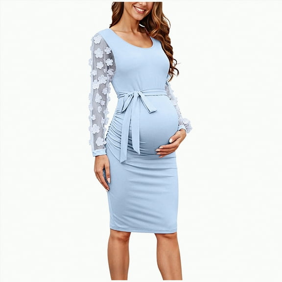 Jkety Maternity Dresses Floral Mesh Bishop Long Sleeve Maternity Midi Dress, Fall Maternity Bodycon Dress for Baby Shower Light Blue,S